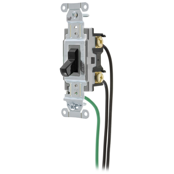 Hubbell Wiring Device-Kellems Spec Grade, Toggle Switches, General Purpose AC, Single Pole, 15A 120/277V AC, Back and Side Wired, Pre-Wired with 8" #12 THHN CSL115BK